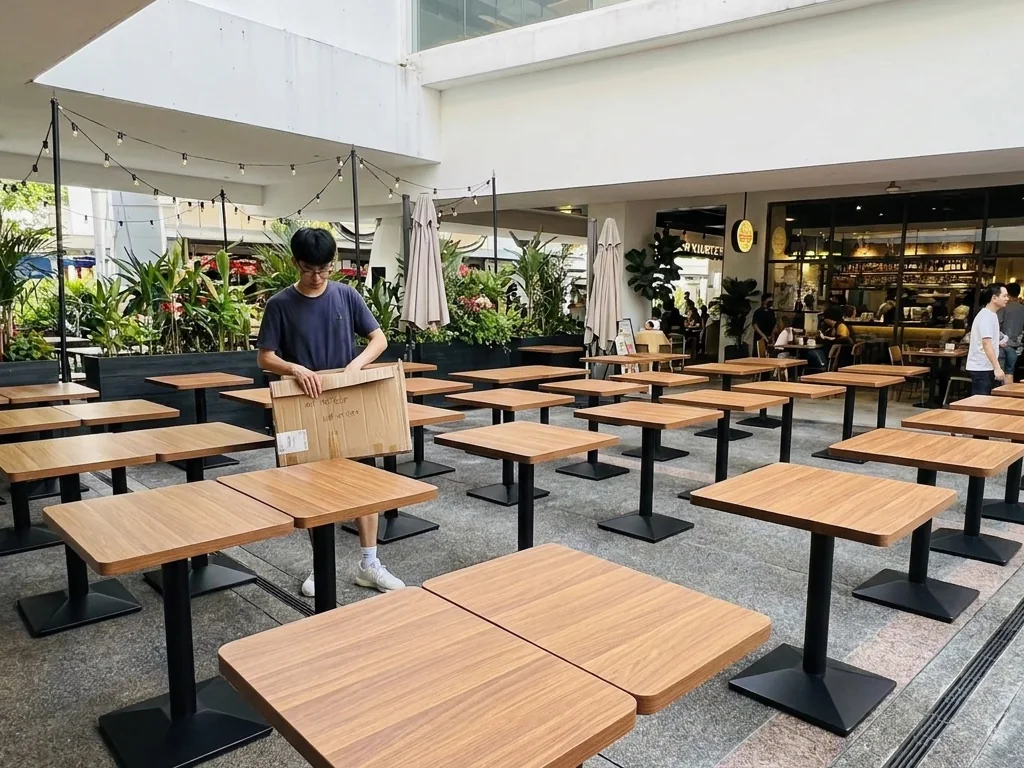 Rows of timber-top outdoor tables on black pedestal bases along a shopping mall frontage, supplied by Casa Furnishing